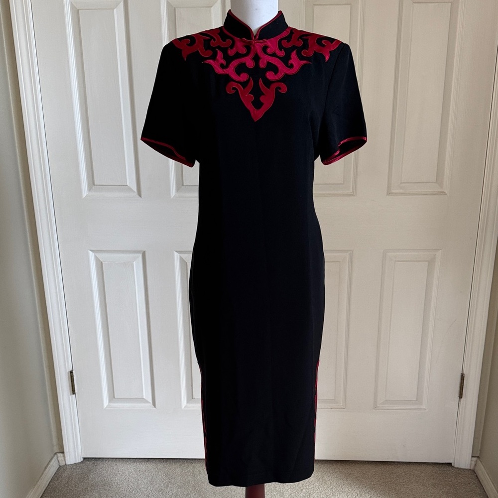 Vintage Black Midi Dress with Red Embroidered Yoke